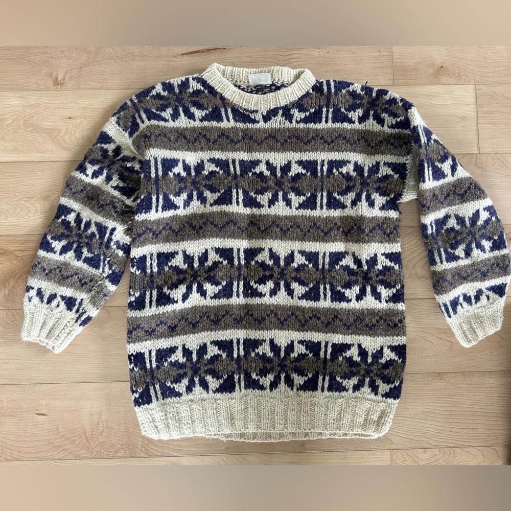 Men's Blue and Cream Crewneck Sweater